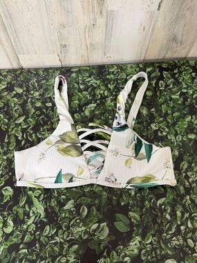 TiniBikini White Bikini Top with Green Leaf Trim